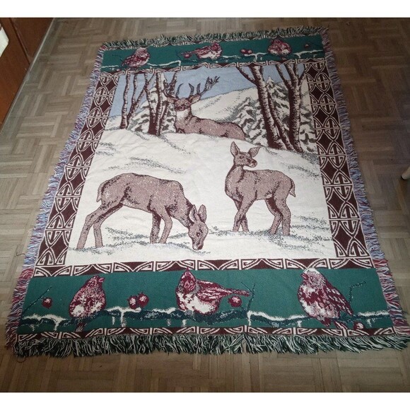 Vintage Deer& Snowbirds Throw Blanket 65×46 by Beacon